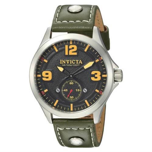 Invicta 22529 Men`s Aviator Black Dial Green Leather Strap Watch - Black Dial, Green Band