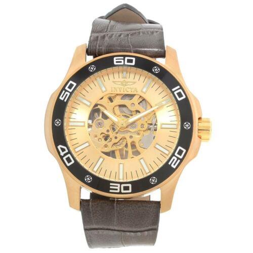 Invicta Men`s Watch Specialty Mechanical Gold Tone Dial Grey Leather Strap 17262 - Skeleton Dial, Grey Band