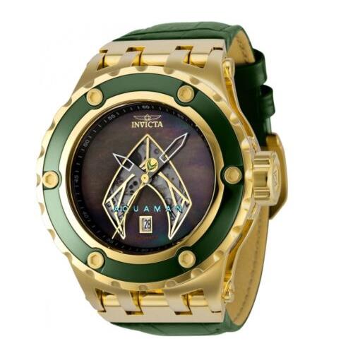 Invicta DC Comics Aquaman Men`s 52mm Automatic Skeleton Dial Limited Watch 36573 - Black Dial, Green Band, Gold Bezel