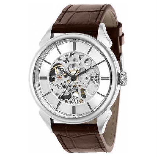 Invicta Men`s Watch Vintage Mechanical Silver Tone Case Leather Strap 38170 - Silver, Skeleton Dial, Brown Band