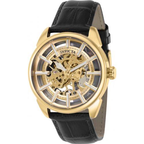 Invicta Men`s Vintage 42mm Black Leather Mechanical Gold Dial Watch 37889