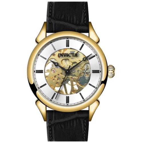 Invicta Vintage Hand Wind Silver Dial Men`s Black Leather Analog Watch 38172 - Dial: Silver, Band: Black