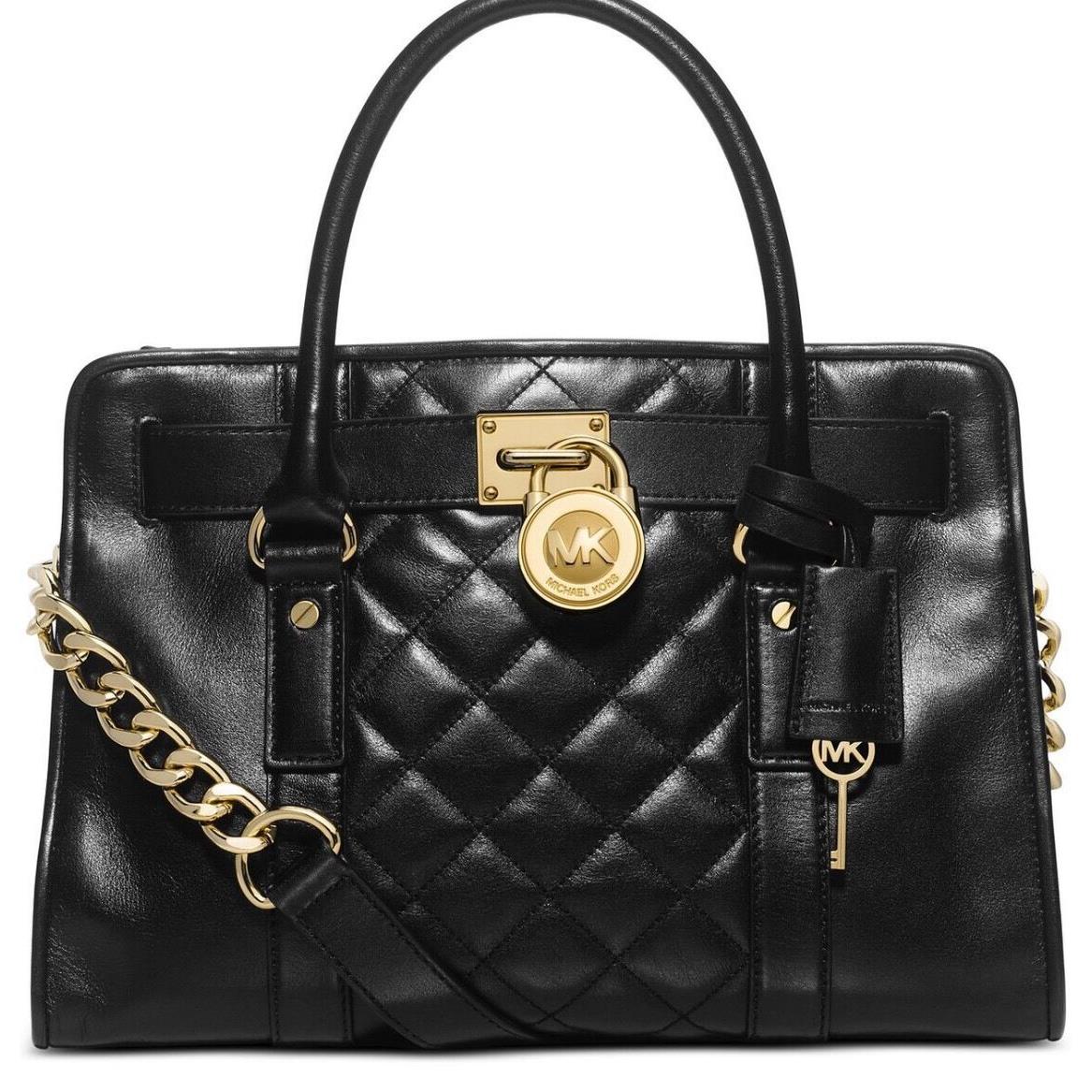 Michael Kors Hamilton Quilt EW Satchel Handbag Black Leather Gold Cha