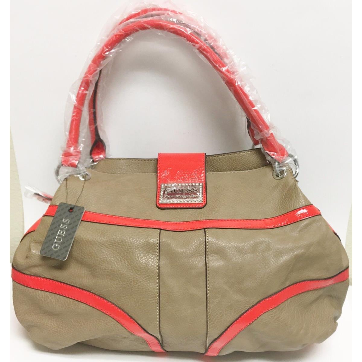 New-guess Kissa Stone Taupe+coral Red Leatherette Tote Hand Bag PURSE-MSRP$125