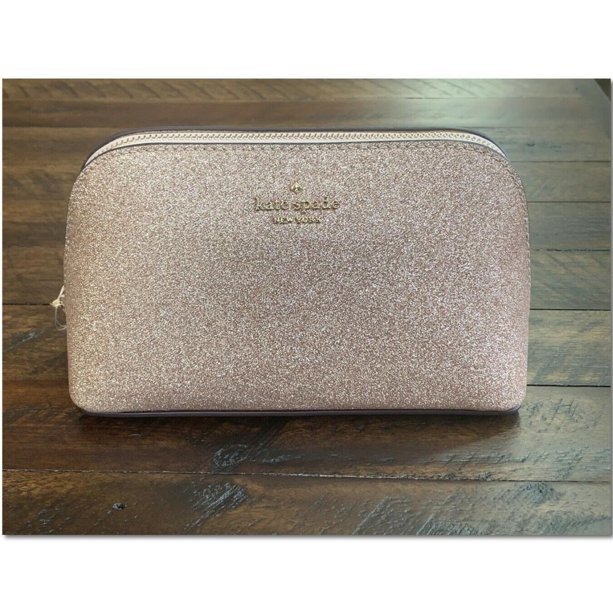 Kate Spade Shimmy Glitter Rose Gold Small Cosmetic Case Travel Make Up Case