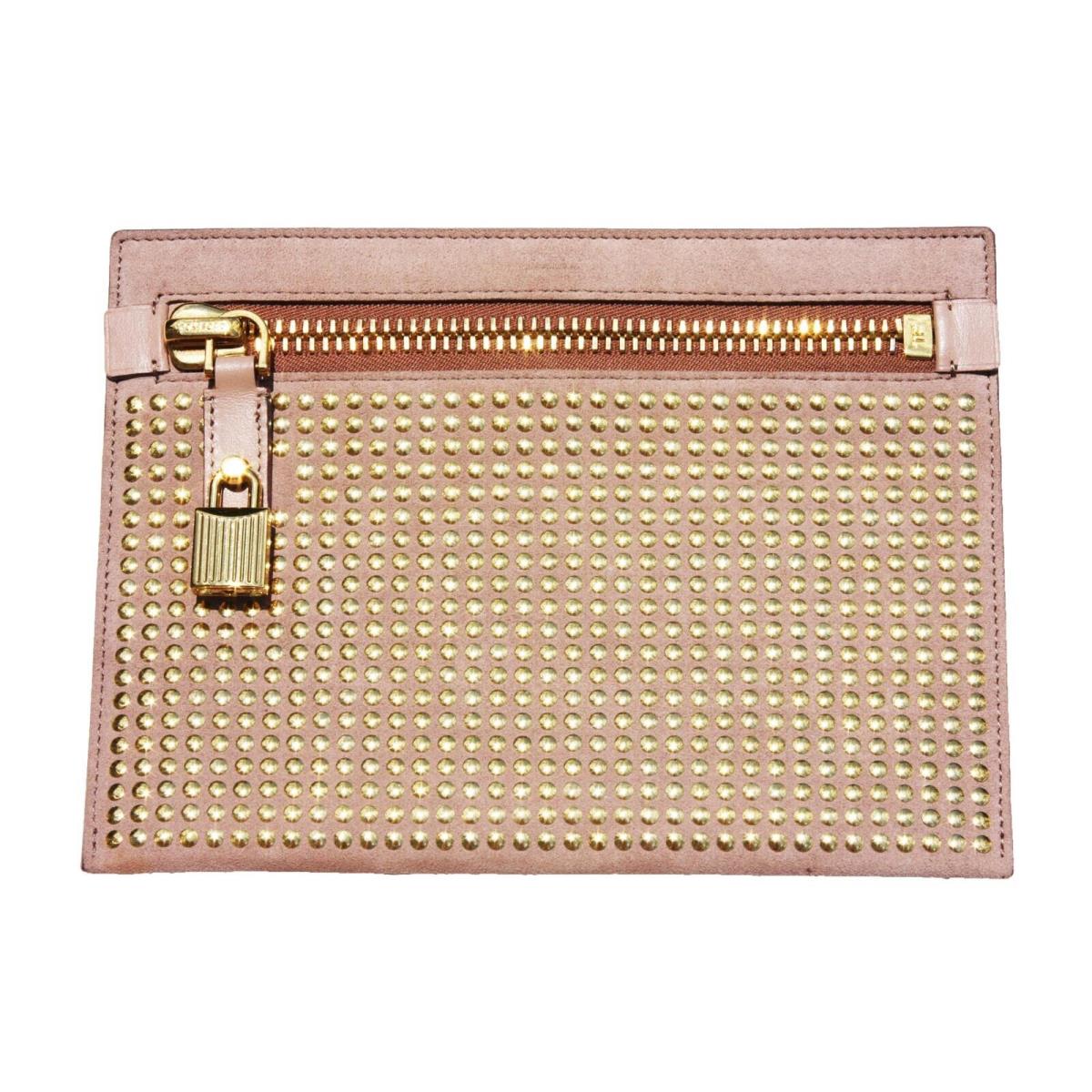 Tom Ford Alix Suede Tan/gold Studded Pouch Clutch Bag with Lock