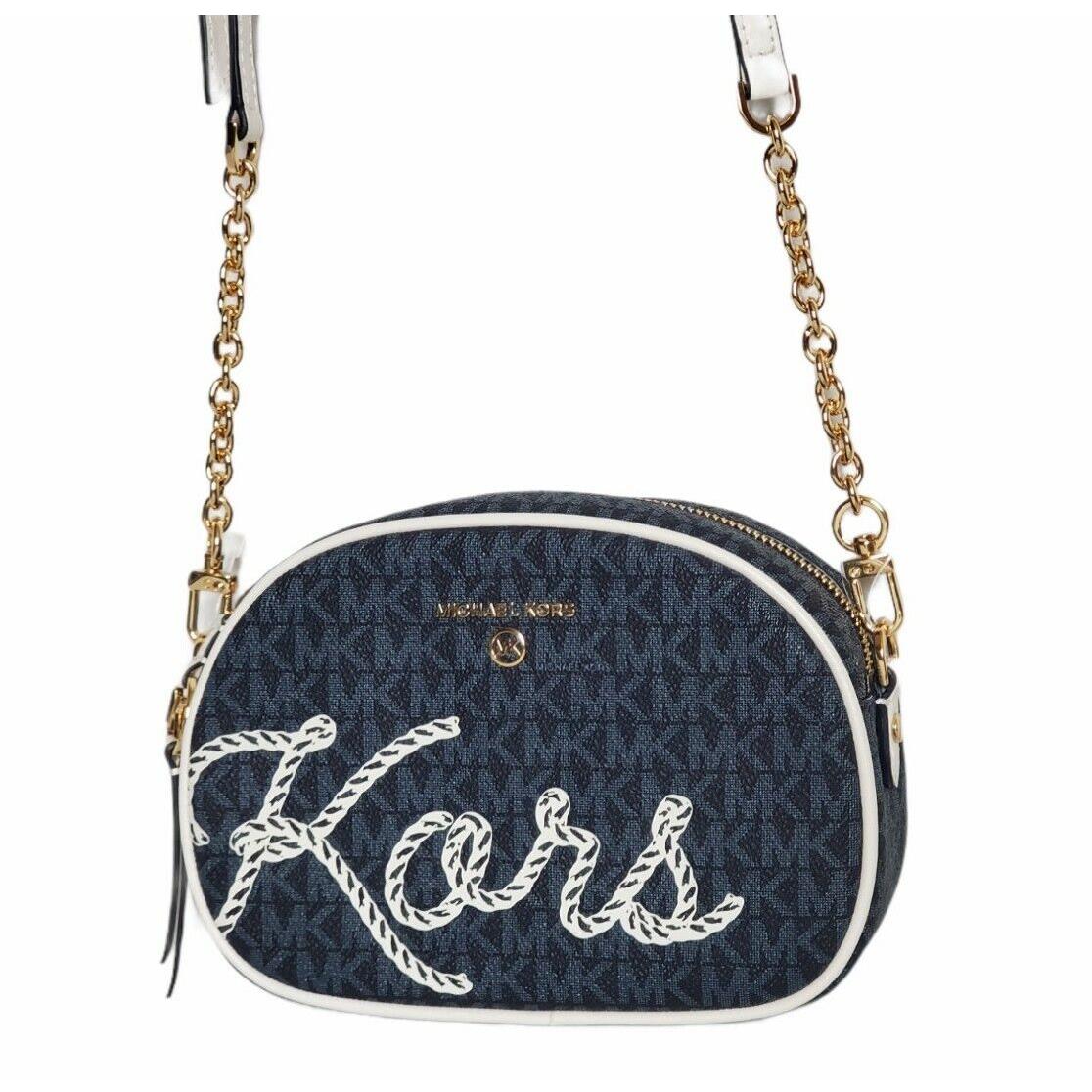 Michael Kors Jet Set Charm Signature Oval Camera Crossbody White Navy MK