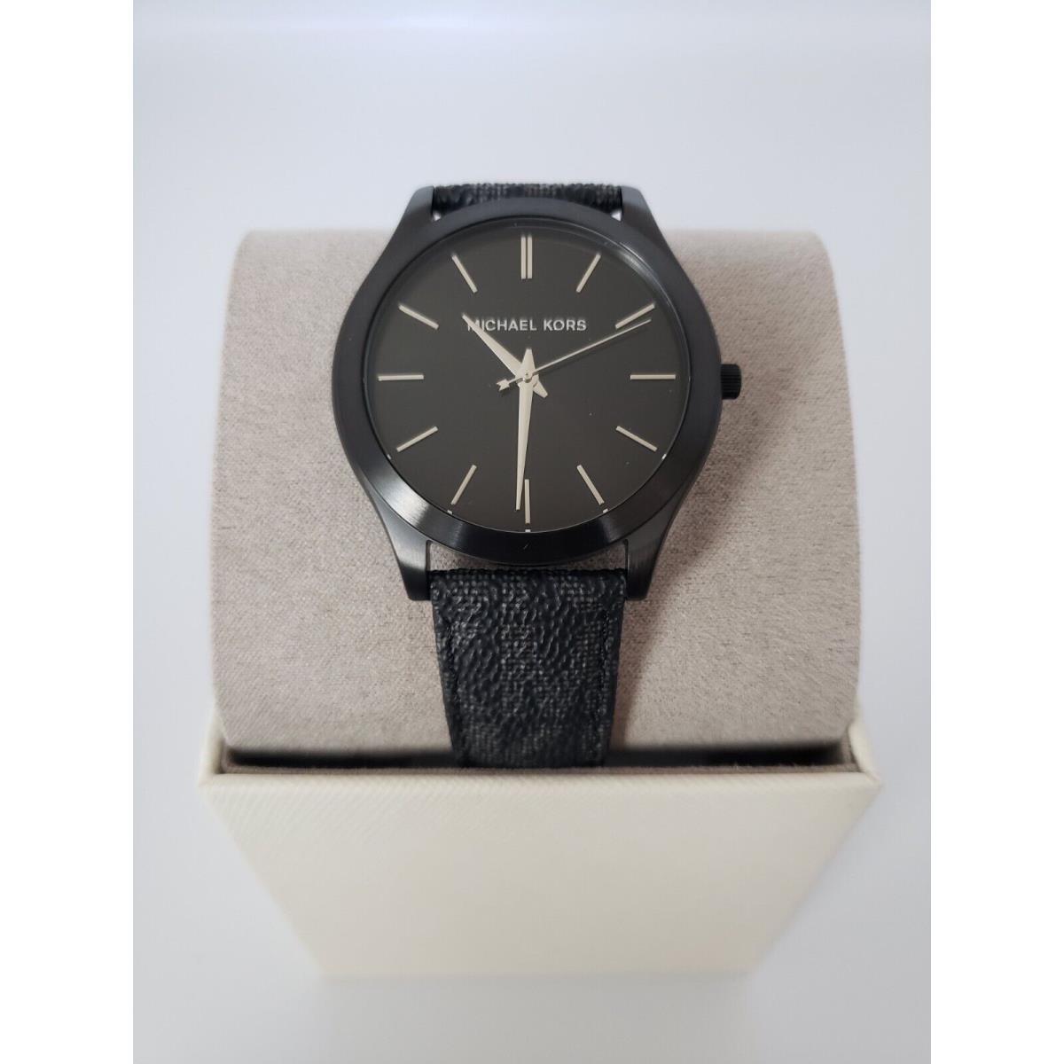 Michael Kors Men Slim Runway Black Alloy MK Logo Leather Strap Watch MK8908 - Dial: Black