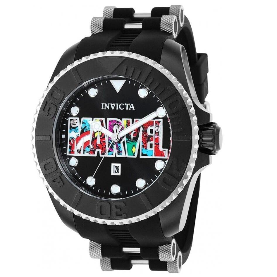 Invicta Marvel Logo Men`s 50mm Limited Edition Collectible Quartz Watch 36414 - Face: Black, Dial: Black, Multicolor, Band: Black