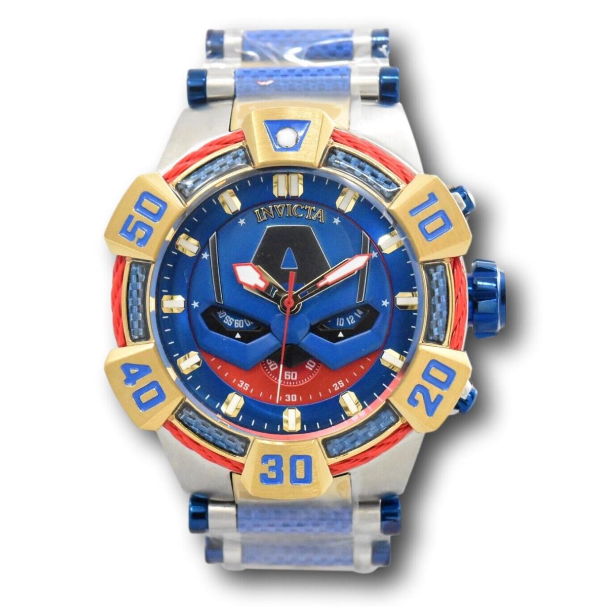 Invicta Marvel Captain America Men`s 52mm Limited Blue Carbon Fiber Watch 38385 - Dial: Blue, Multicolor, Red, Silver, Band: Gold, Silver, Bezel: Blue, Gold, Red