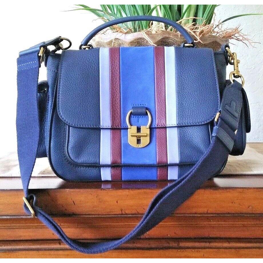 Tory Burch Multi Stripe Camera crossbody Bag Tory Navy Leather