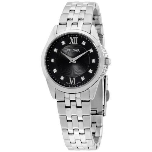 Pulsar Women`s 30mm Swarovski Crystal Black Dial Ladies Stainless Watch PM2167 - Black Dial, Silver Band, Silver Bezel