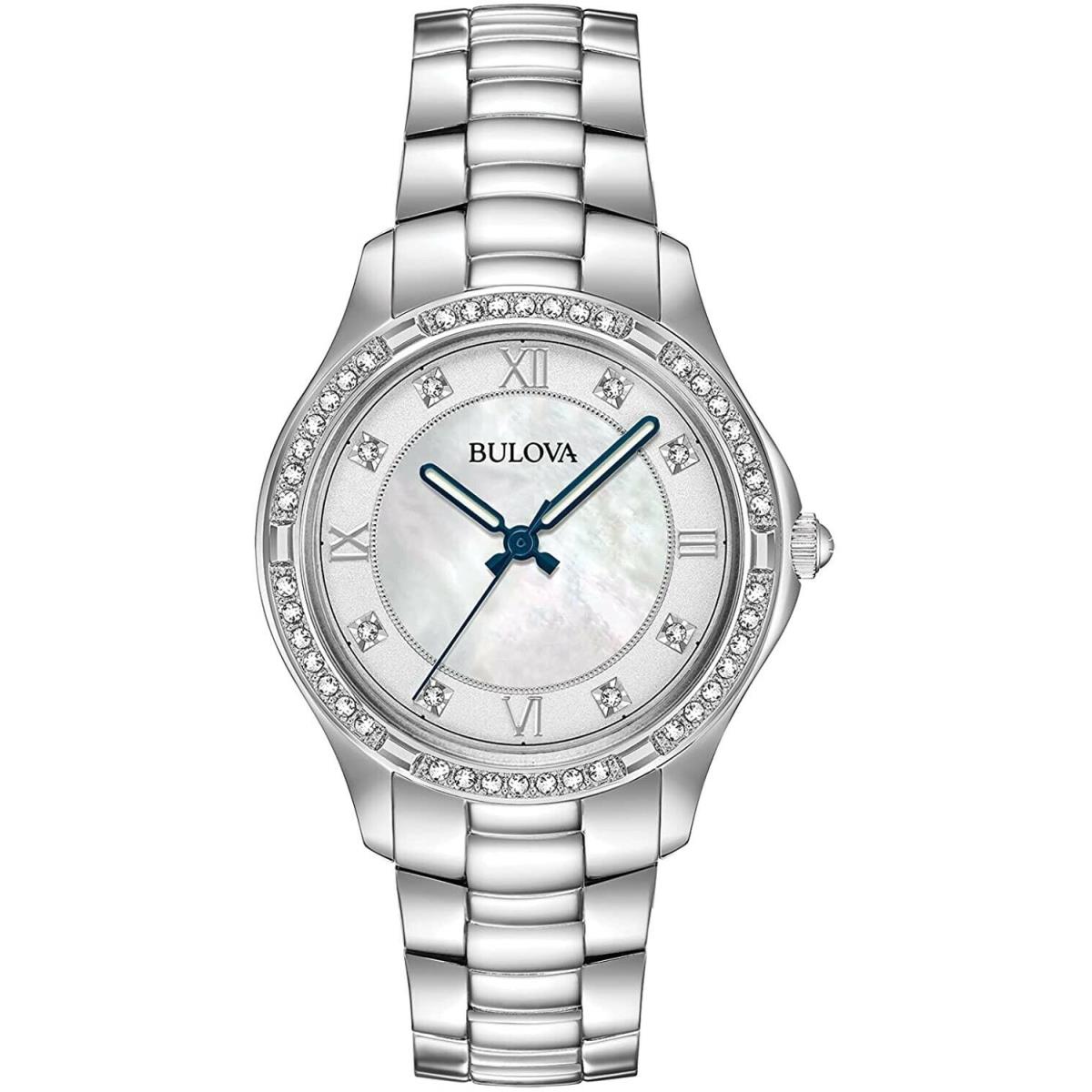 Bulova 96L265 Silver Tone White Mother of Pearl Dial Crystal Accent Womens Watch