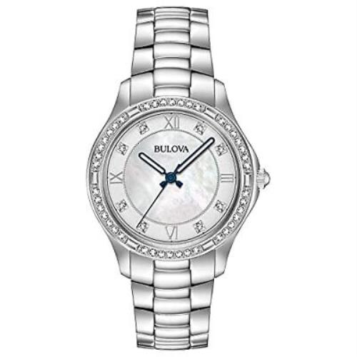 Bulova Ladies` Classic Crystal Stainless Steel 2-Hand Quartz Watch White - Silver, Dial: Silver, Band: Silver