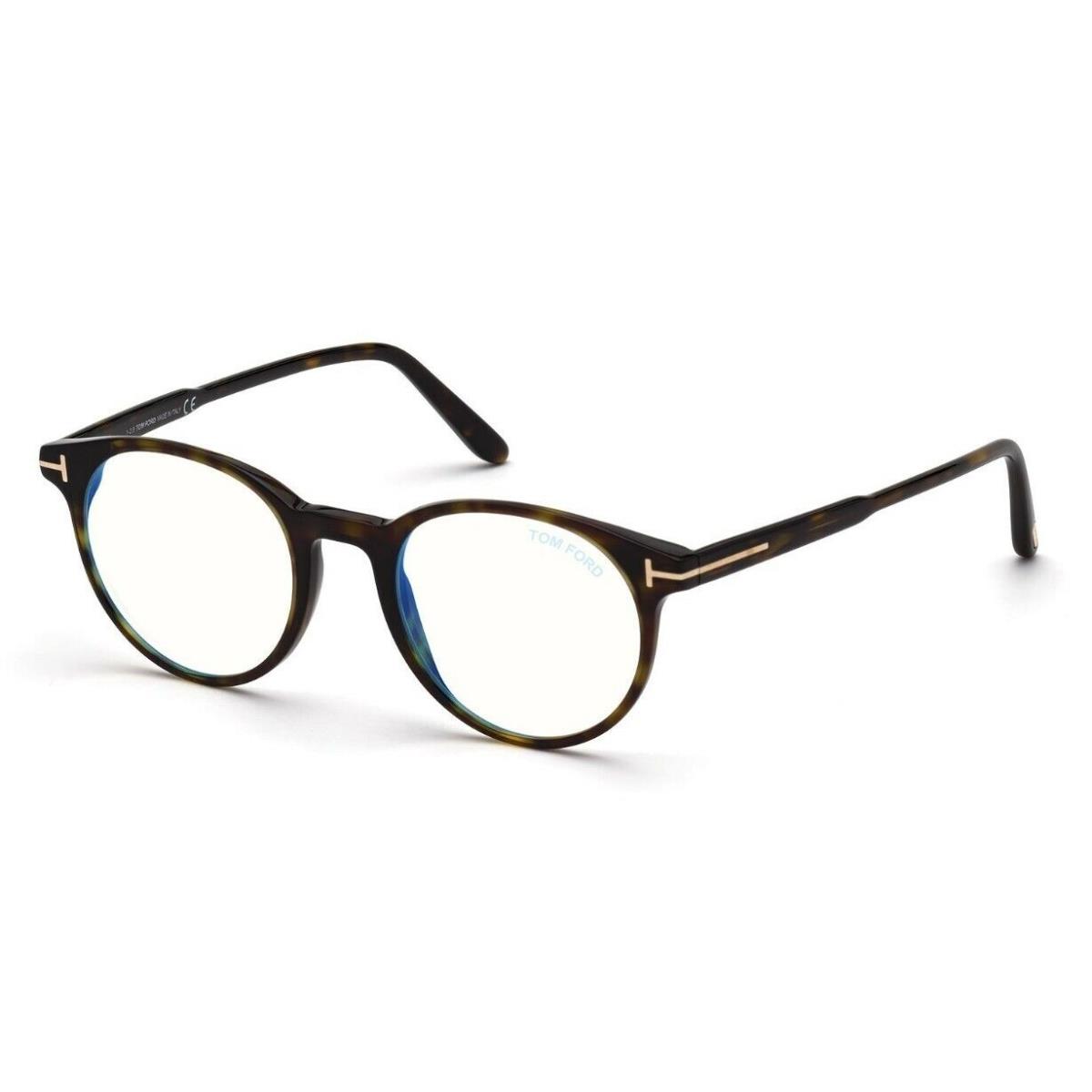 Tom Ford FT5695B 052 Shiny Classic Dark Havana Blue Block Round Men`s Eyeglasses