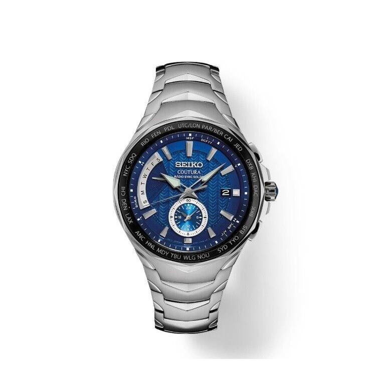 Seiko Men`s Coutura Radio Sync Solar Chrono Blue Dial Watch SSG019 |  057751426528 - Seiko watch Coutura - Blue Dial, Silver Band | Fash Direct