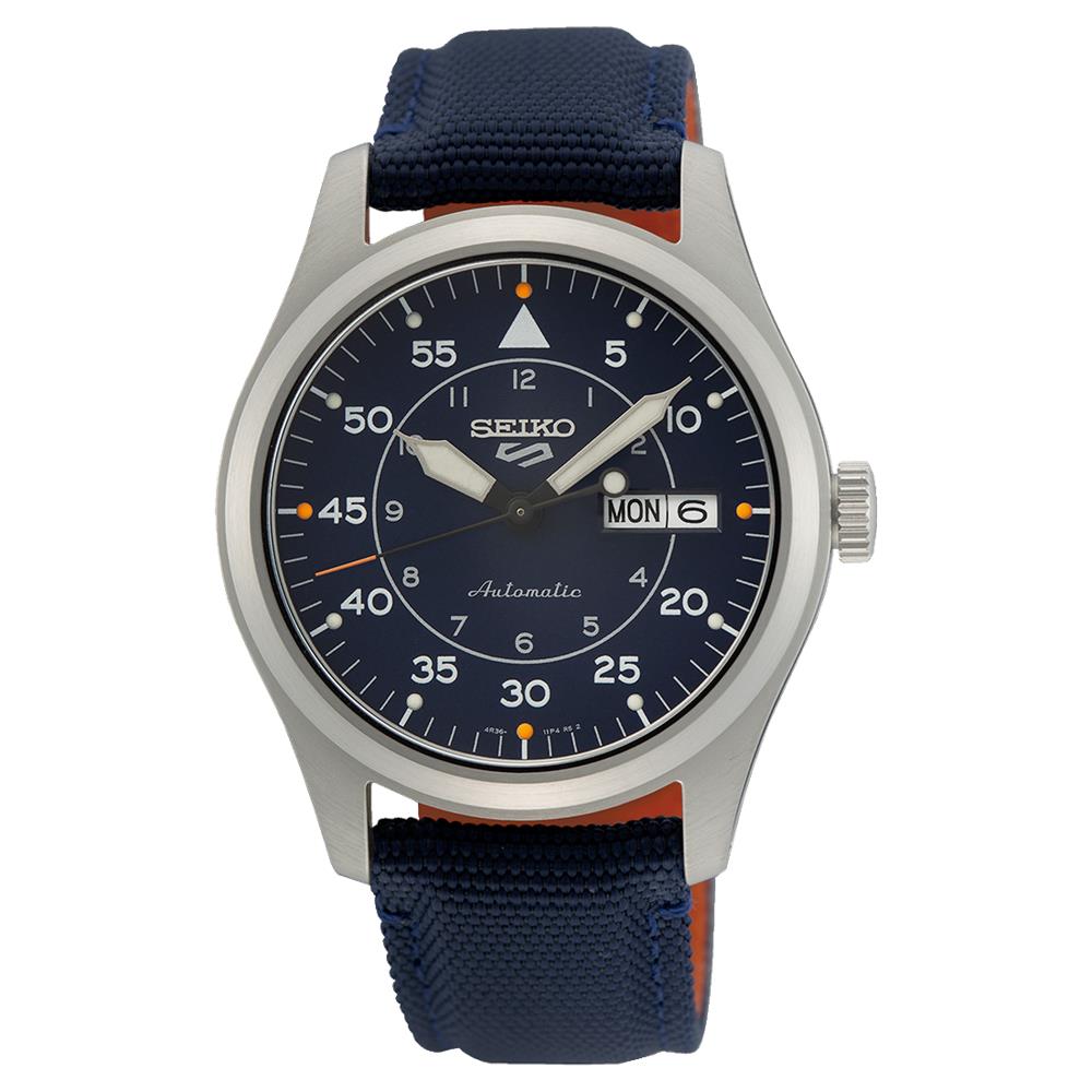 Seiko Men`s 5 Sports Military Blue Dial Orange Accents Automatic Watch SRPH31