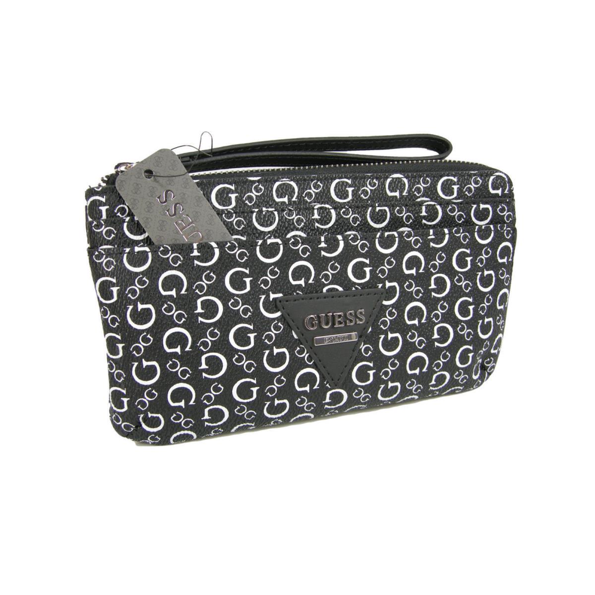 Guess Onyx Black+white Pvc Silver Zip Wristlet Clutch Wallet Phone Case