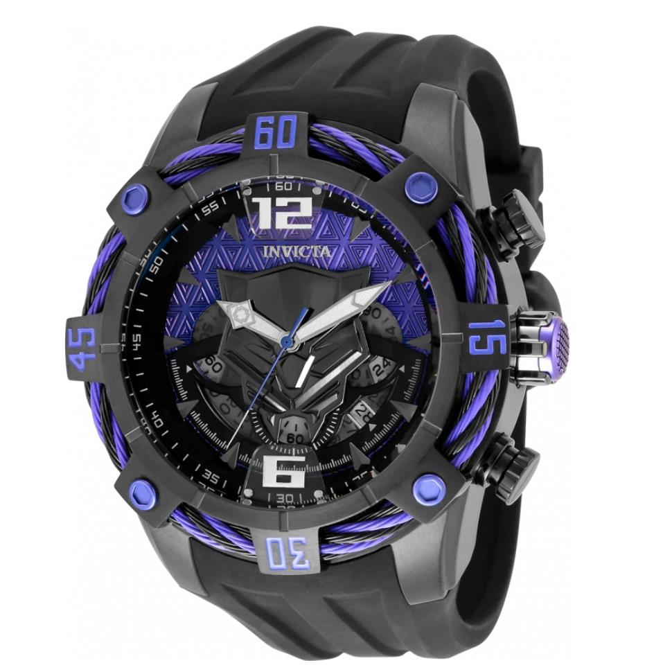 Invicta Marvel Black Panther Men`s 52mm Limited Edition Chronograph Watch 35121 - Dial: Purple, Band: Black, Bezel: Purple