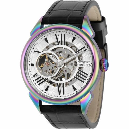 Invicta Men`s Watch Vintage Silver Tone Semi Skeleton Dial Leather Strap 38161