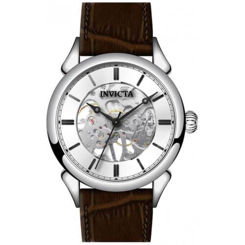 Invicta Men`s Watch Vintage Mechanical Silver Tone Case Leather Strap 38170 - Silver, Skeleton Dial, Brown Band