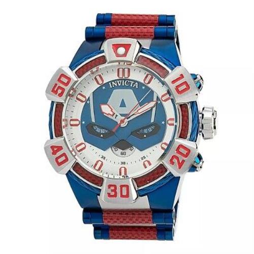 Invicta Marvel Blue Captain America Men`s 52mm Limited Carbon Fiber Watch 38381 - Dial: Black, Blue, Multicolor, Red, Silver, Band: Blue, Silver, Bezel: Blue, Red, Silver