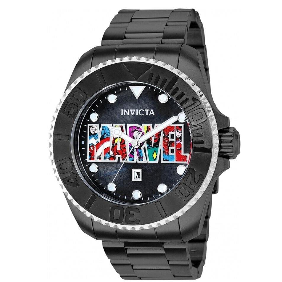 Invicta Marvel Logo Men`s 50mm Limited Collectible Mop Dial Quartz Watch 36412 - Face: Black, Dial: Black, Multicolor, Band: Black