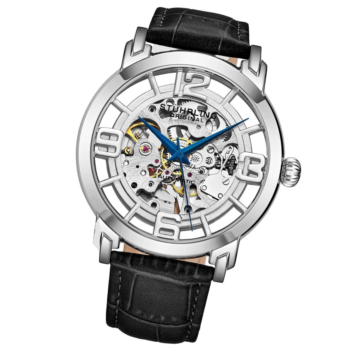 Stuhrling 3964L 1 Automatic Skeleton Black Leather Strap Mens Watch