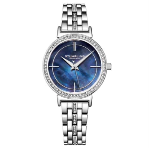 Stuhrling 3987 2 Symphony Quartz Crystal Accented Stainless Steel Womens Watch - Blue Dial, Silver Band