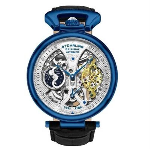 Stuhrling 3920 3 Legacy Automatic Skeleton Dual Time Black Leather Mens Watch