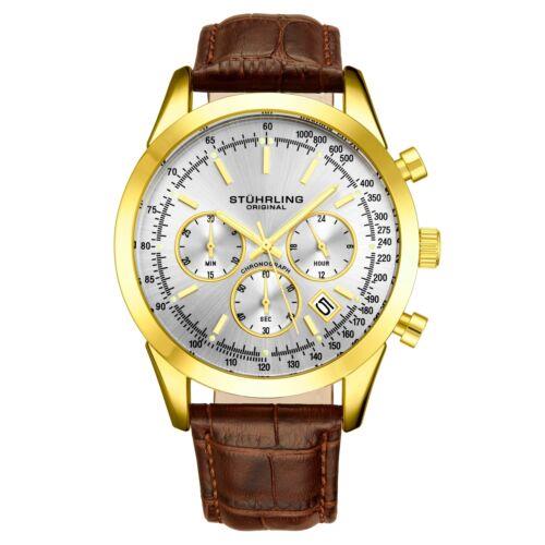 Stuhrling 3975L 8 Preston Monaco Quartz Chronograph Date Leather Mens Watch - Silver Dial, Brown Band, Gold Bezel
