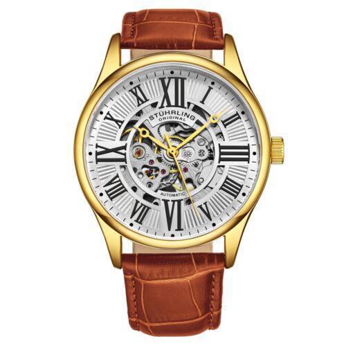 Stuhrling 3942 5 Automatic Skeleton Brown Leather Strap Mens Watch - Dial: White, Band: Brown, Bezel: Gold