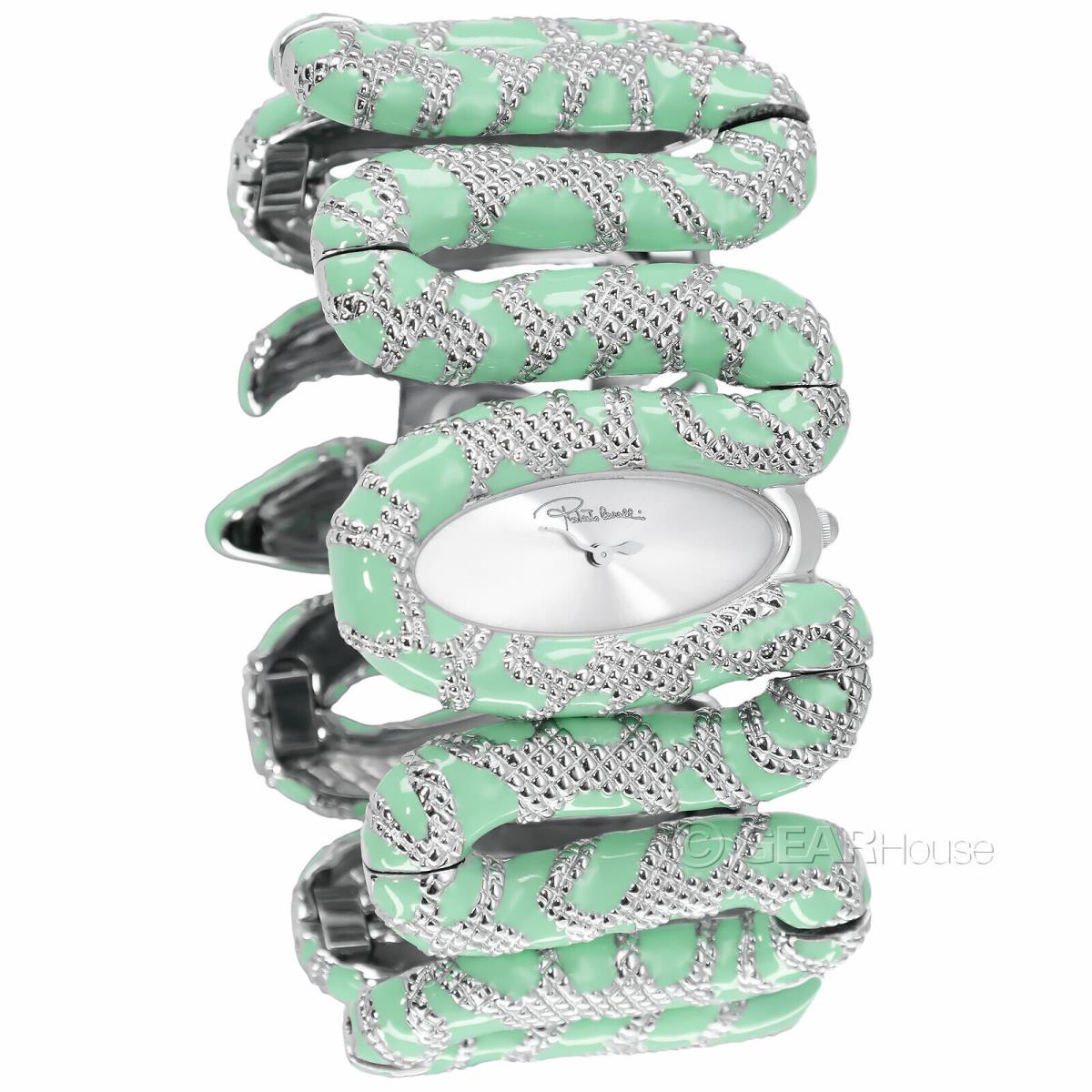 Roberto Cavalli Womens Cleopatra Snake Watch Mint Green Enamel Silver Oval Dial