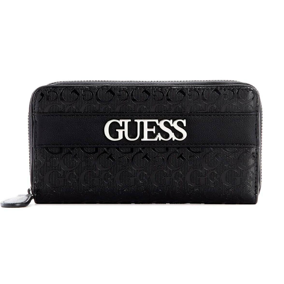 Guess Women`s Logo Embossed Patent Zip-around Wallet Clutch Bag - Black