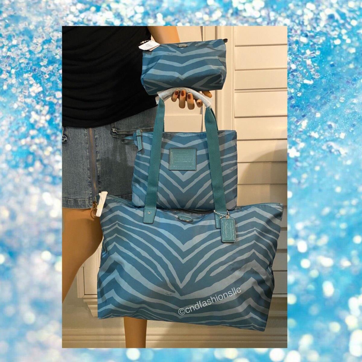 Coach Large Blue Zebra Print Getaway Travel Weekender Tote + Pouch +cosmetic Bag