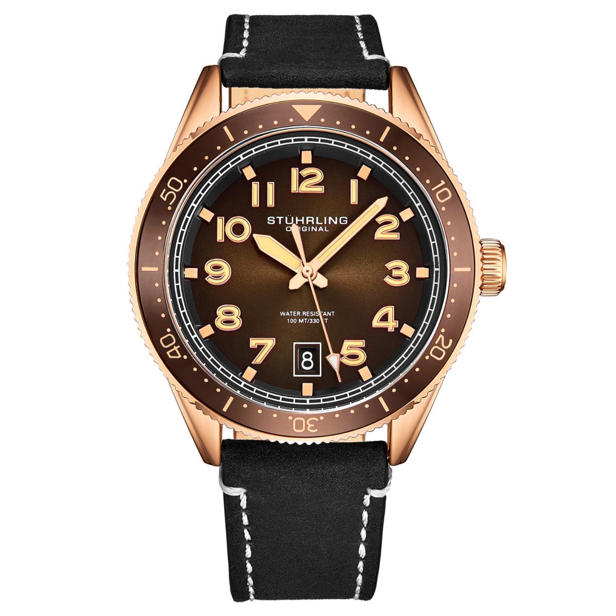 Stuhrling Men s Quartz Black Dial Luminous Hands Markers Brown Leather Watch