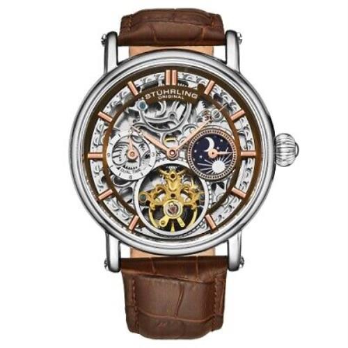 Stuhrling 4000 4 Legacy Automatic Dual Time Skeleton Am/pm Leather Mens Watch - Dial: Silver, Band: Brown