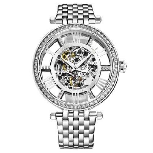 Stuhrling 3944 1 Delphi Automatic Skeleton Crystal Accented Womens Watch - Clear Dial, Silver Band