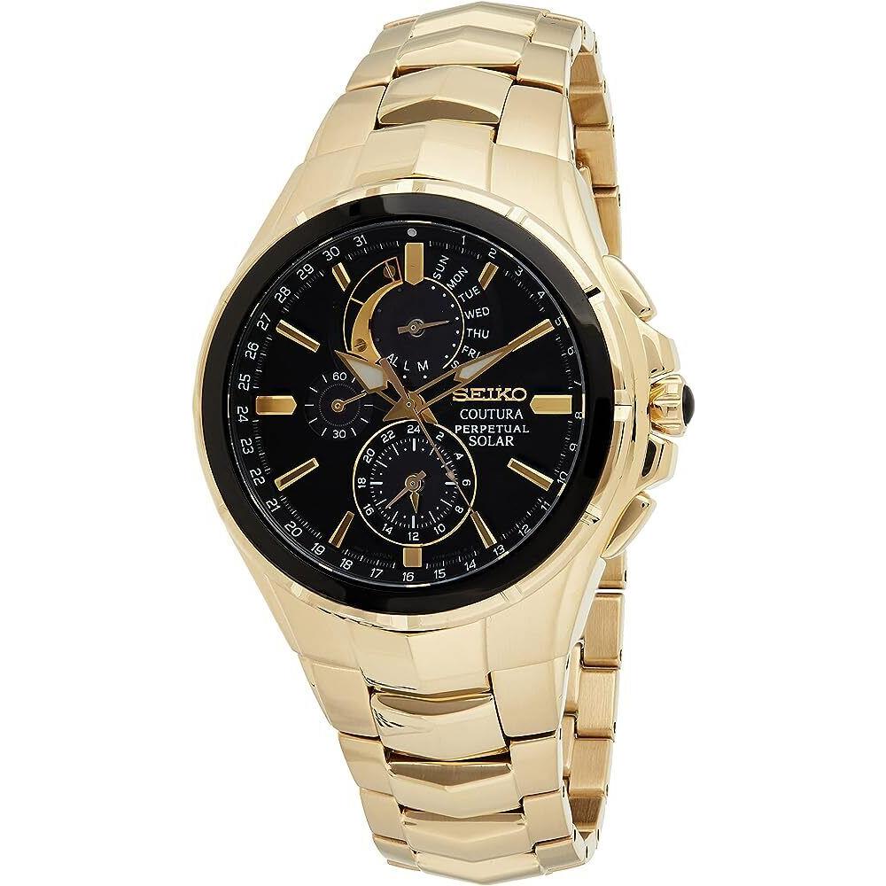 Seiko Sapphire Crystal Gold Tone Bracelet Black Dial Analog Men s Watch SSC700 - Black, Dial: Black, Band: Gold