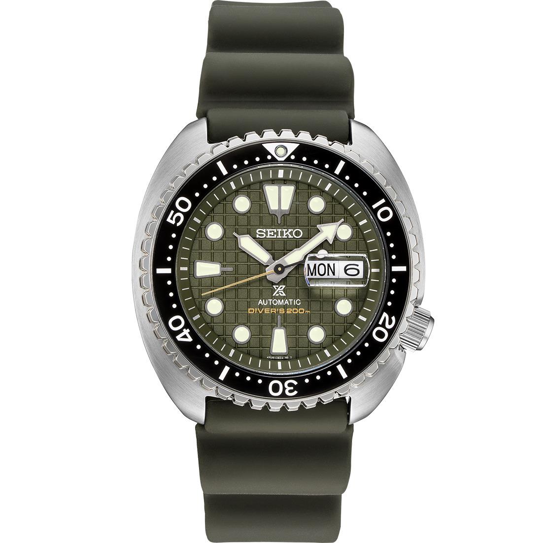 Seiko SRPE05 Prospex Green Dial 45mm Steel Rubber Diver Automatic Men`s Watch - Dial: Green, Band: Green