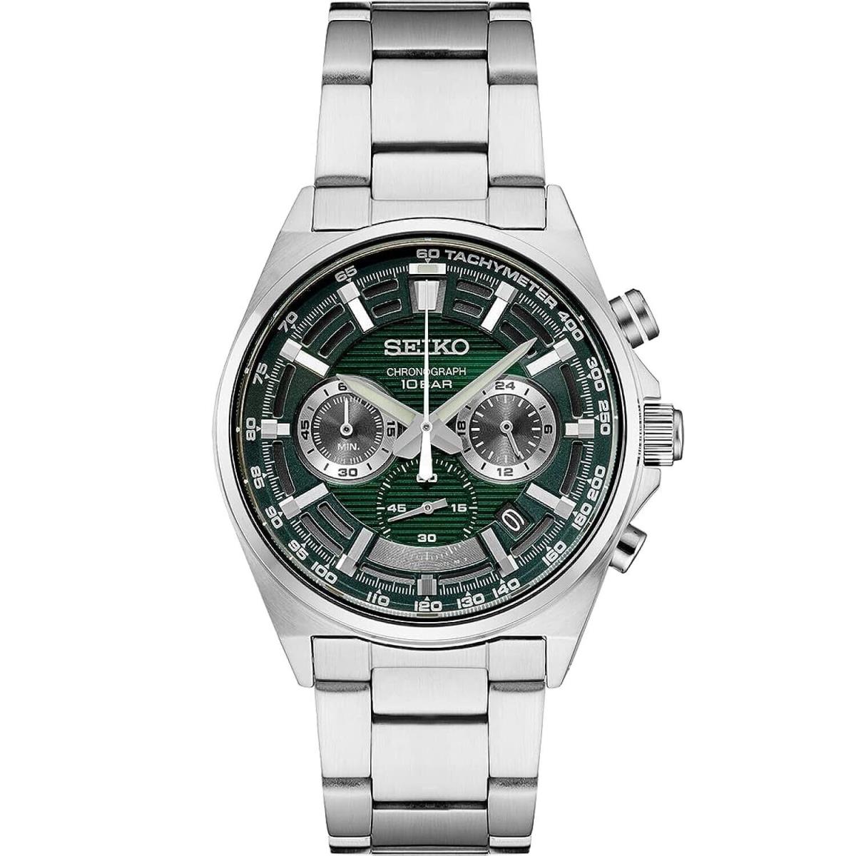 Seiko Chronograph Quartz Green Dial Stainless Steel Men`s Watch SSB405P1