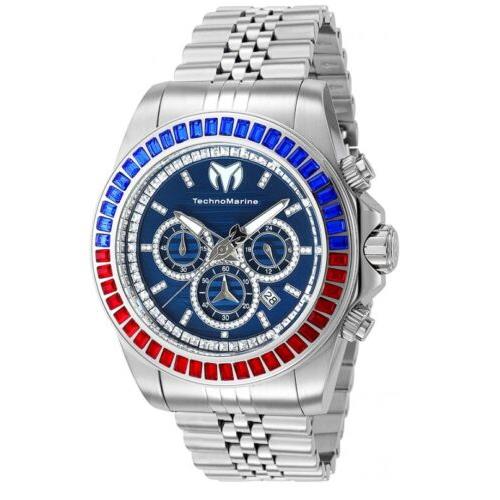 Technomarine Manta Ray Luxe Men`s 47mm Blue Red Crystals Chrono Watch TM-221011 - Dial: Blue, Band: Silver, Bezel: Blue