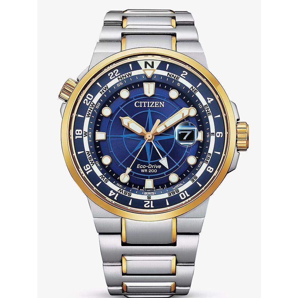 Citizen Eco-drive Mens Endeavour 2-Tone Blue Dial Watch BJ7144-52L - Dial: Blue, Band: Silver, Gold, Bezel: Gold, Blue