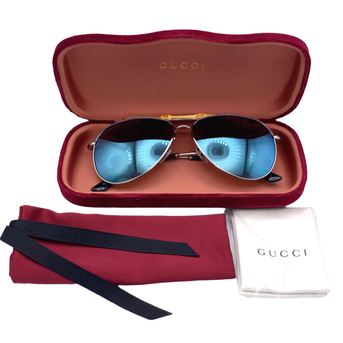 Gucci Sunglass Aviator GG2235S 6LB3U 58mm Gunmetal Ruthenium Blue Mirror Bamboo