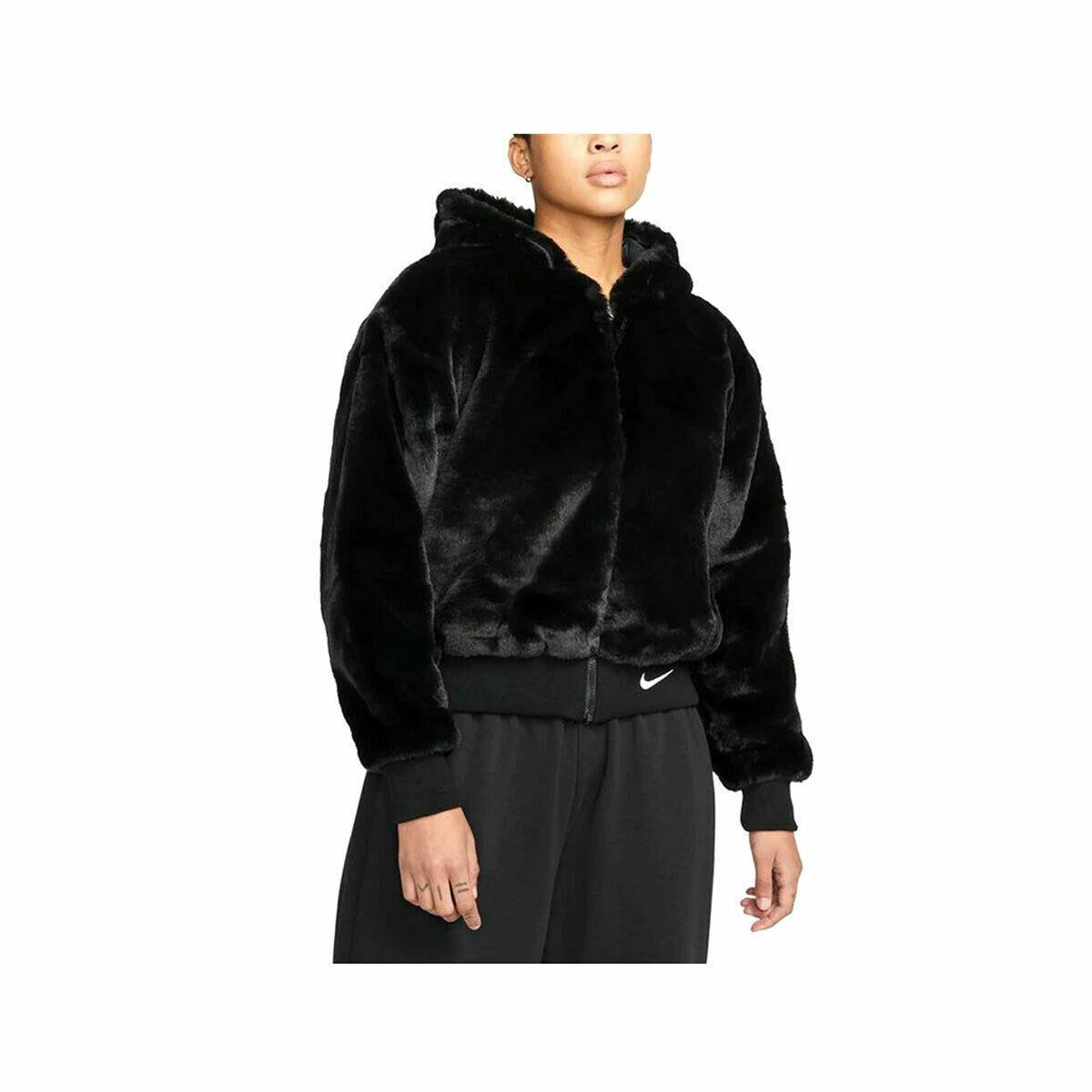 Women`s Nike Sportswear Essentials Faux Fur Full Zip Jacket XL Black White - Black