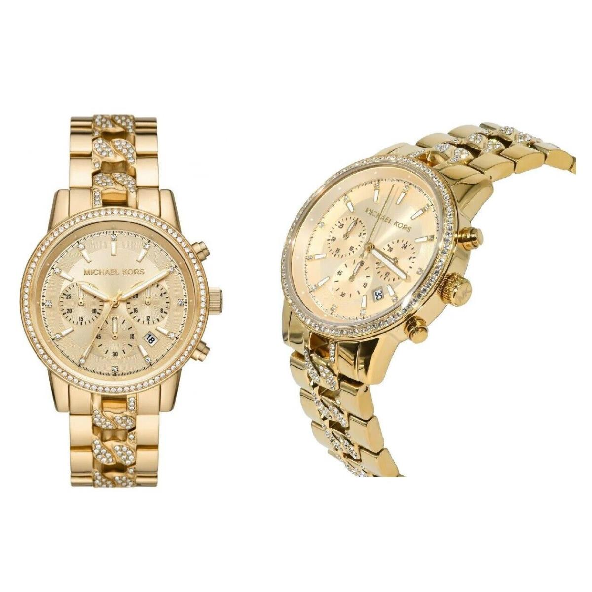 Michael Kors Oversized Ritz Gold Tone Curb Link Pave Crystals Watch MK6937