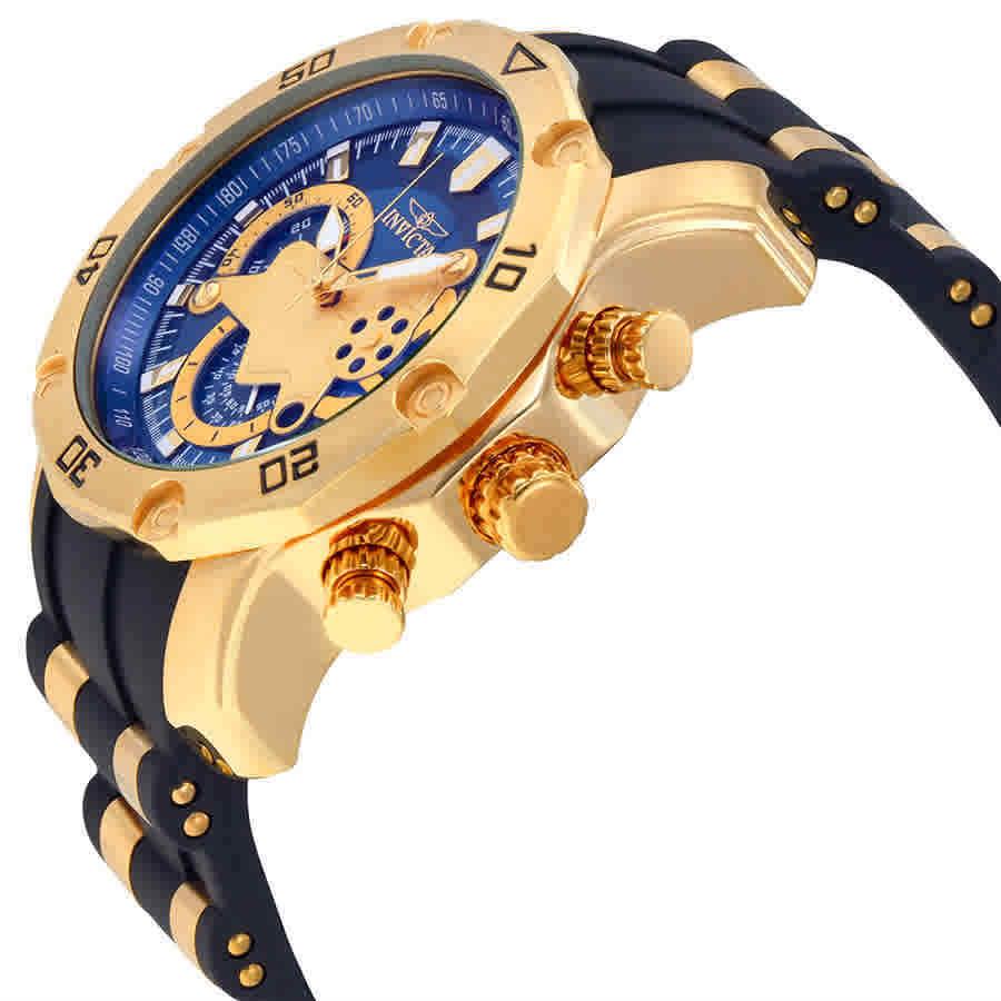 Invicta Pro Diver Chronograph Blue Dial Men`s Watch 23426 - Dial: Blue, Band: Two-tone (Black and Gold-tone), Bezel: Yellow Gold-plated