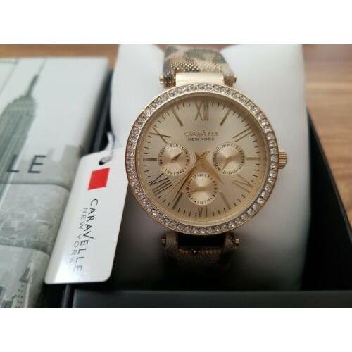 Caravelle New York 44N103 Women`s Round Gold Tone Leopard Analog Day Date Watch