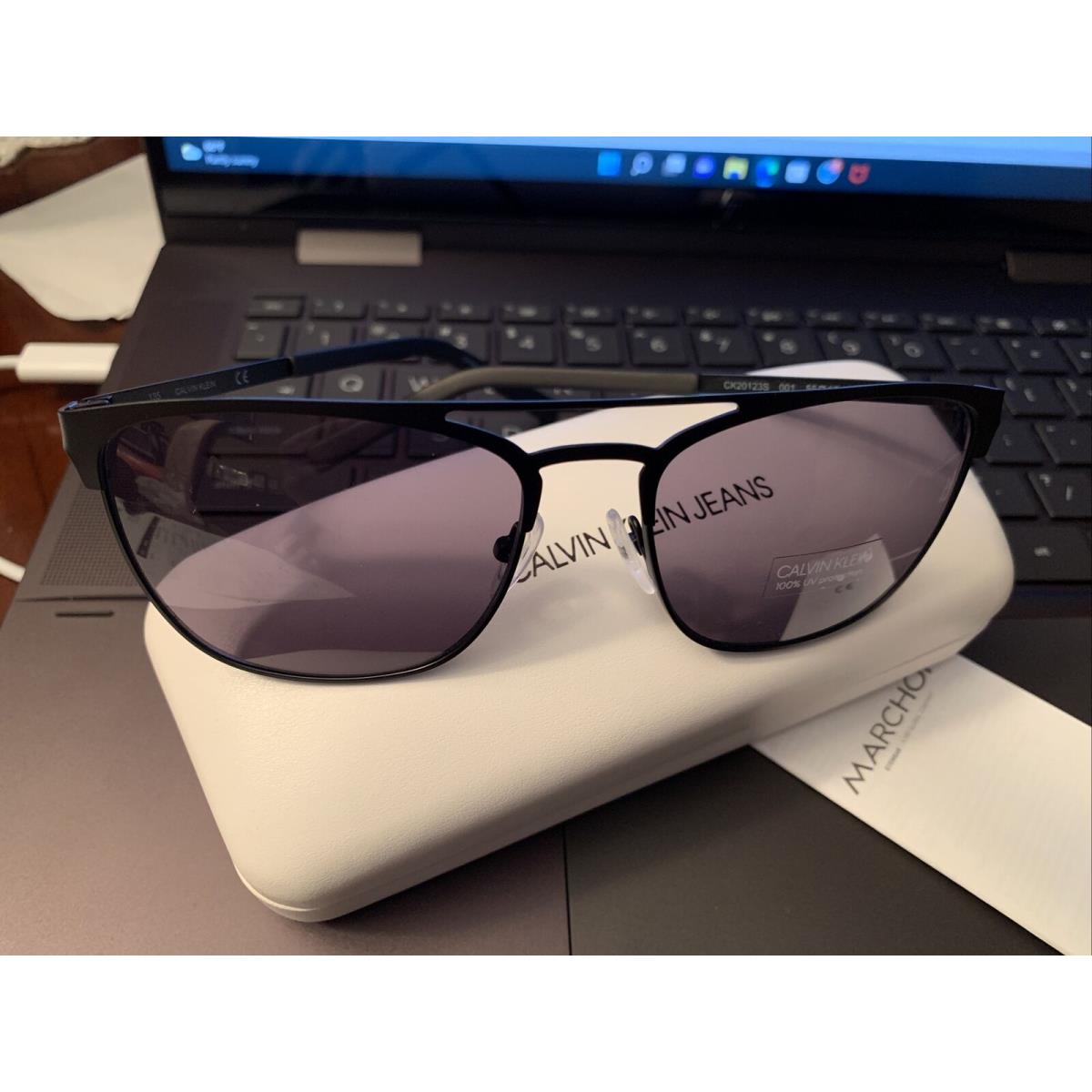 Calvin Klein Double Bridge Metal Square Sunglasses. Matte Black/grey 001