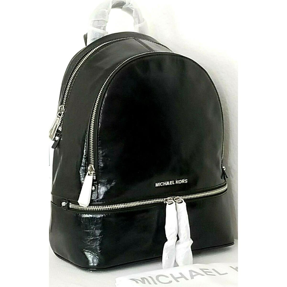 Michael Kors Rhea Zip Medium Backpack Black Leather Silver Travel Bag